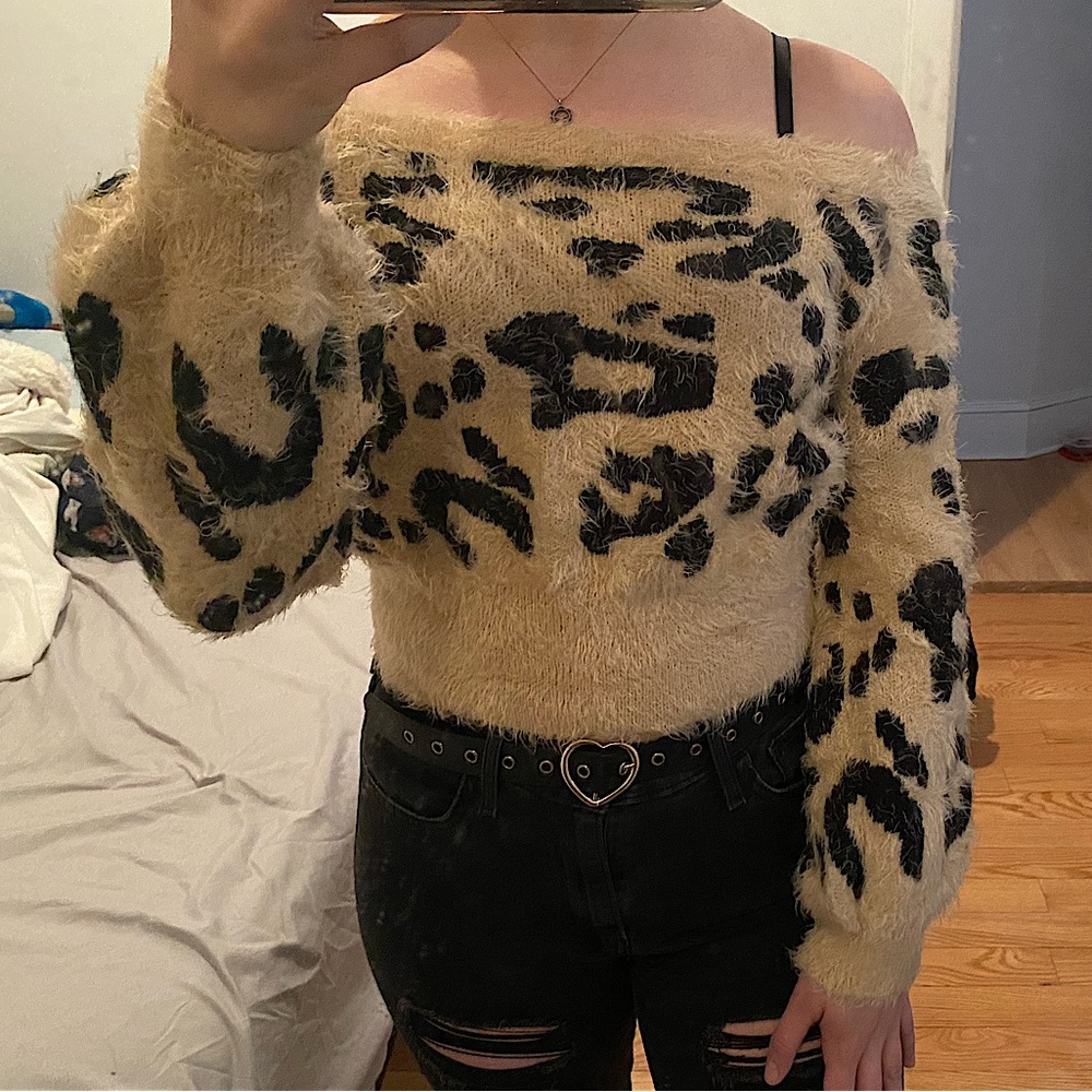 These Three Boutique Crop Cheetah Print Off the Shoulder Sweater